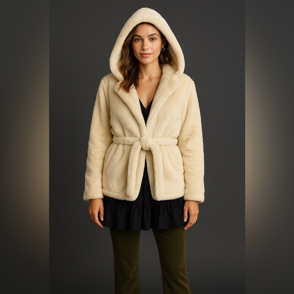 Moon River x Anthropologie Faux Fur Hooded Coat | Cream | Size M | NWT - Picture 2 of 5